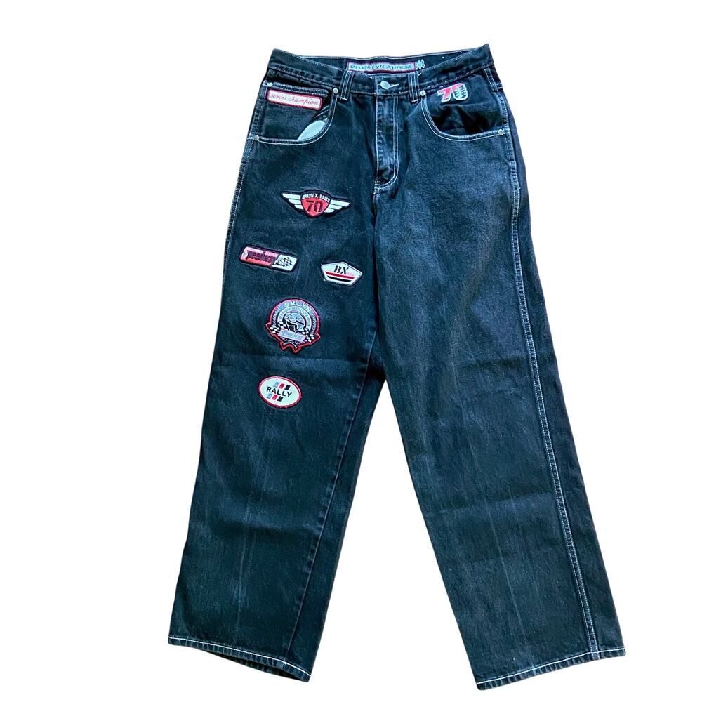Vintage Brooklyn Express Jeans Mens Size 32 Black Denim Patches Y2K Streetwear